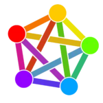 Logo vom Fediverse. 5-Eck mit Kreisen als Ecke. Alle Kreise sind miteinander verbunden, außen und innen. Alle Kreise sind verschieden farbig