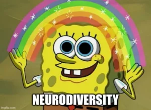 Comic Gesicht mit einem Regenbogen über dem Kopf. Das Wort "Neurodiversity" unten.