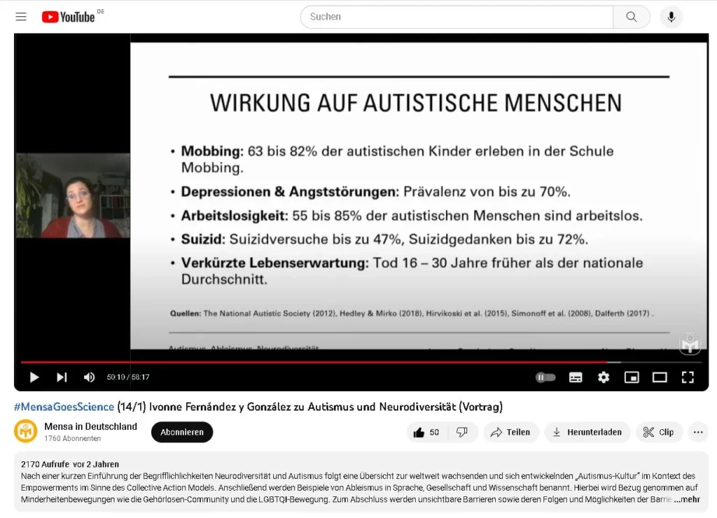 Screenshot von einem Vortag bei YouTube beim Kanal "Mensa in Deutschland" zum Thema Autismus und Neurodiversität mit Ivonne Fernández y González. Eine Folie der digitalen Präsentation mit der Überschrift: Wirkung auf autistische Menschen